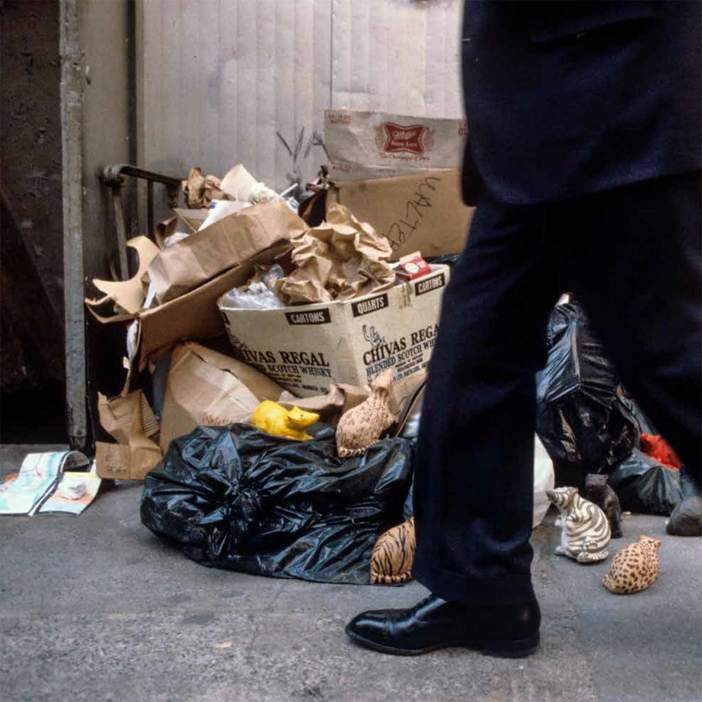 Christy Rupp, Plaster Rats, 1981 installation, Ann Street, New York, NY plaster, paint, and living trash pile each 6 x 3 x 5 in.